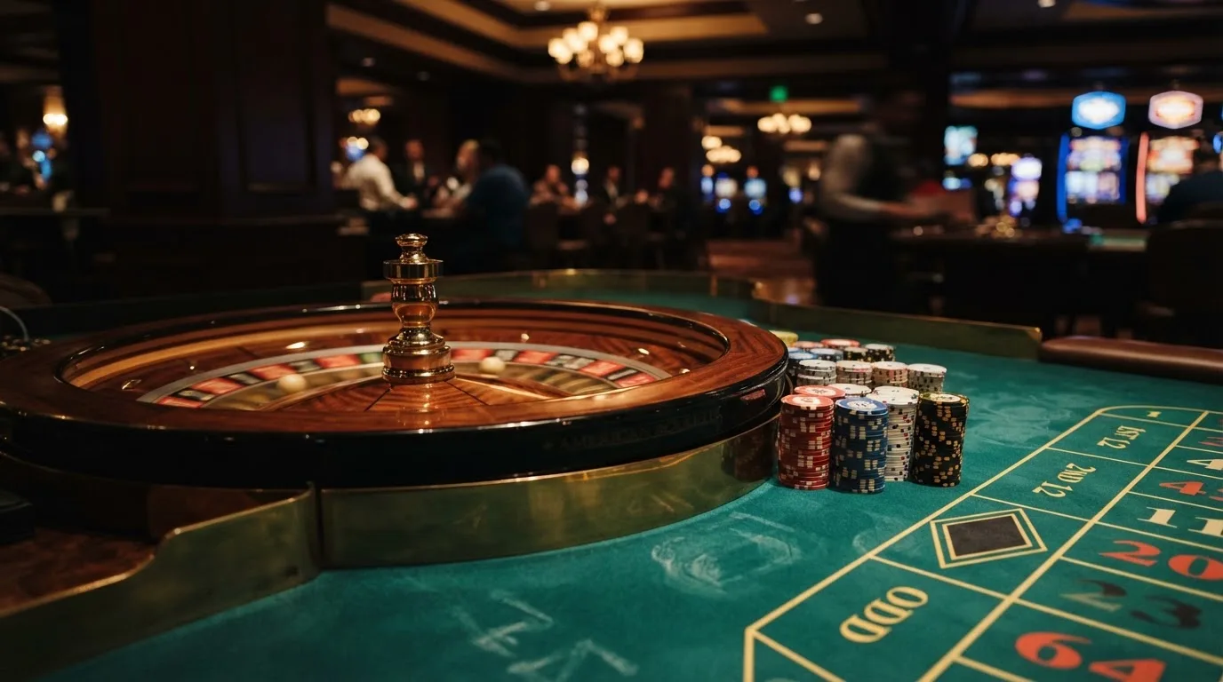 Rulettehjul og sjetonger på grønn filt i varmt kveldslys — 10 kr casinoer i norge