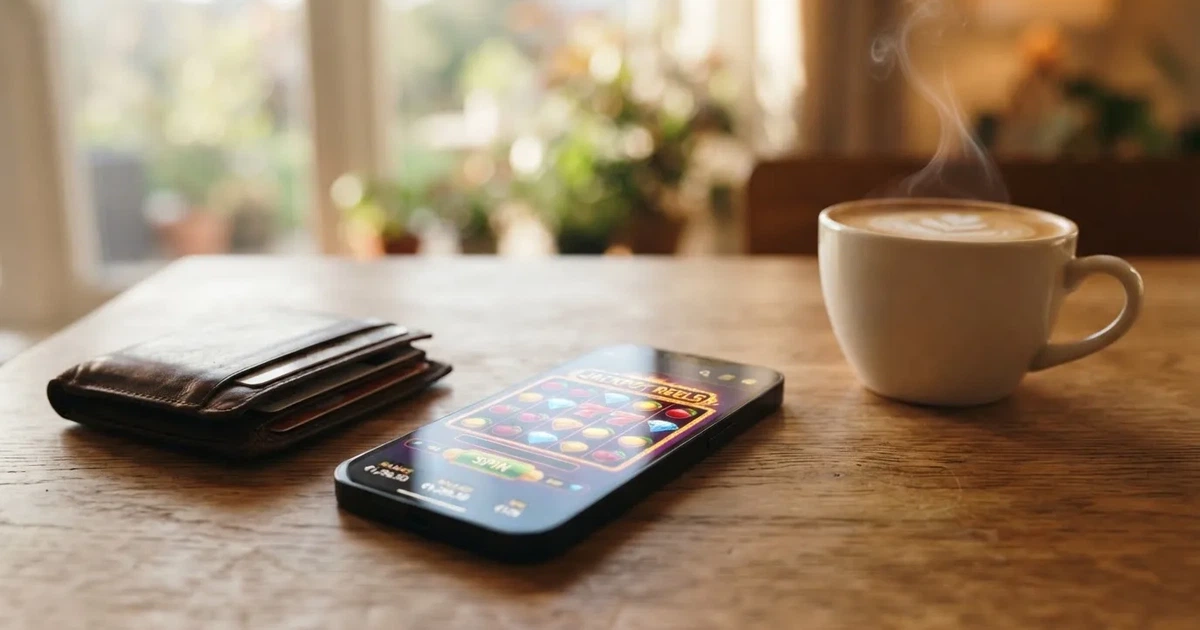 Mobiltelefon på et trebord ved siden av en lommebok og en kopp kaffe — 100 kr casinoer i norge