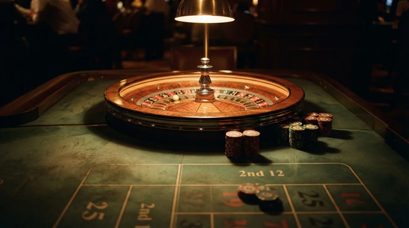 Rulettehjul og sjetonger på grønn filt i varmt kveldslys — 100 kr casinoer i norge