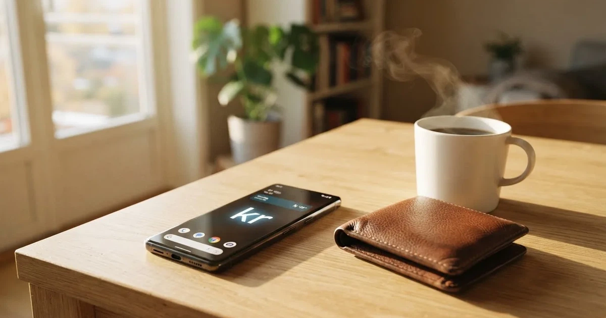Mobiltelefon på et trebord ved siden av en lommebok og en kopp kaffe — 20 kr casinoer i norge