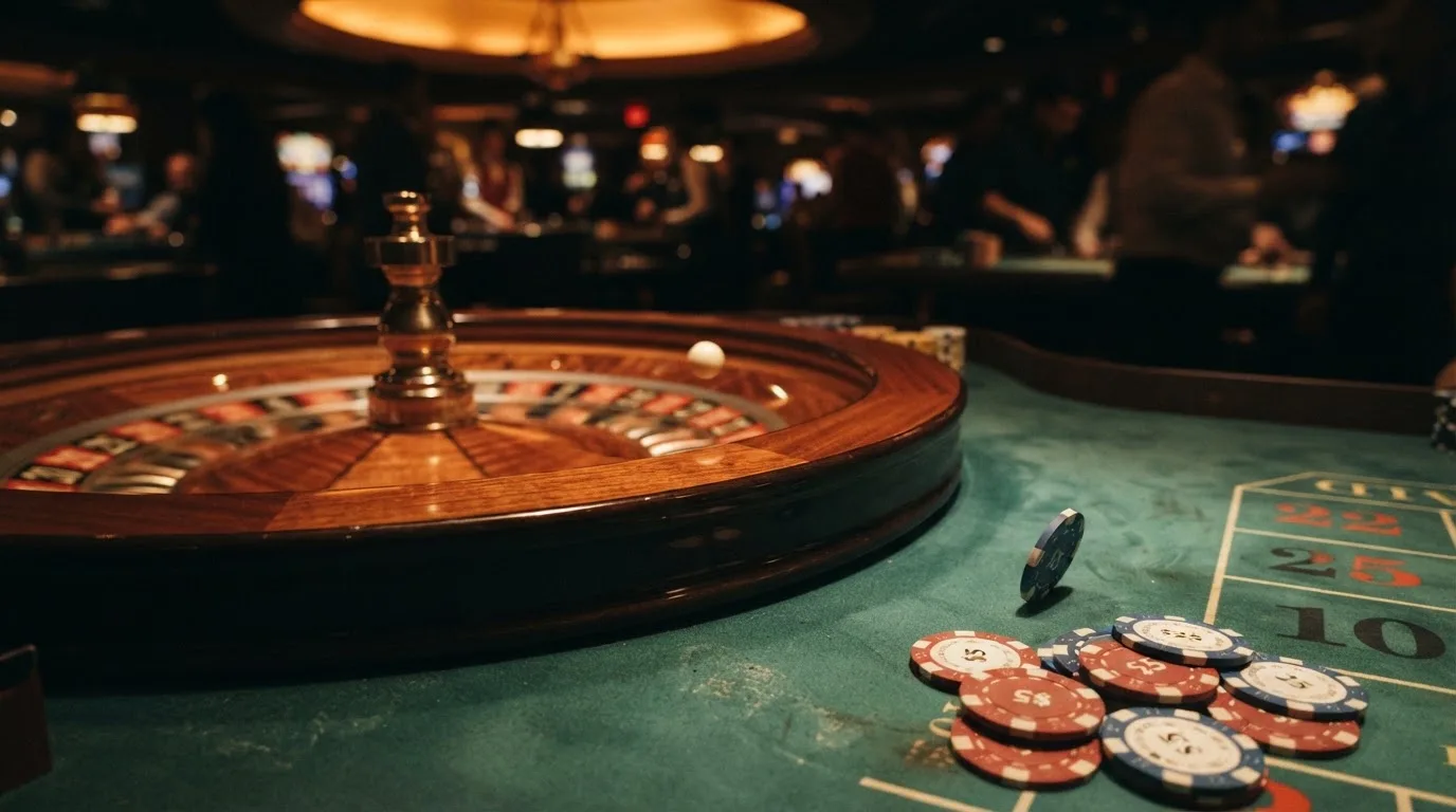 Rulettehjul og sjetonger på grønn filt i varmt kveldslys — 20 kr casinoer i norge
