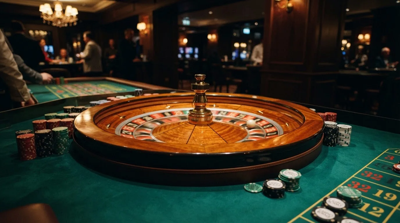Rulettehjul og sjetonger på grønn filt i varmt kveldslys — beste bonuser på norske casinoer