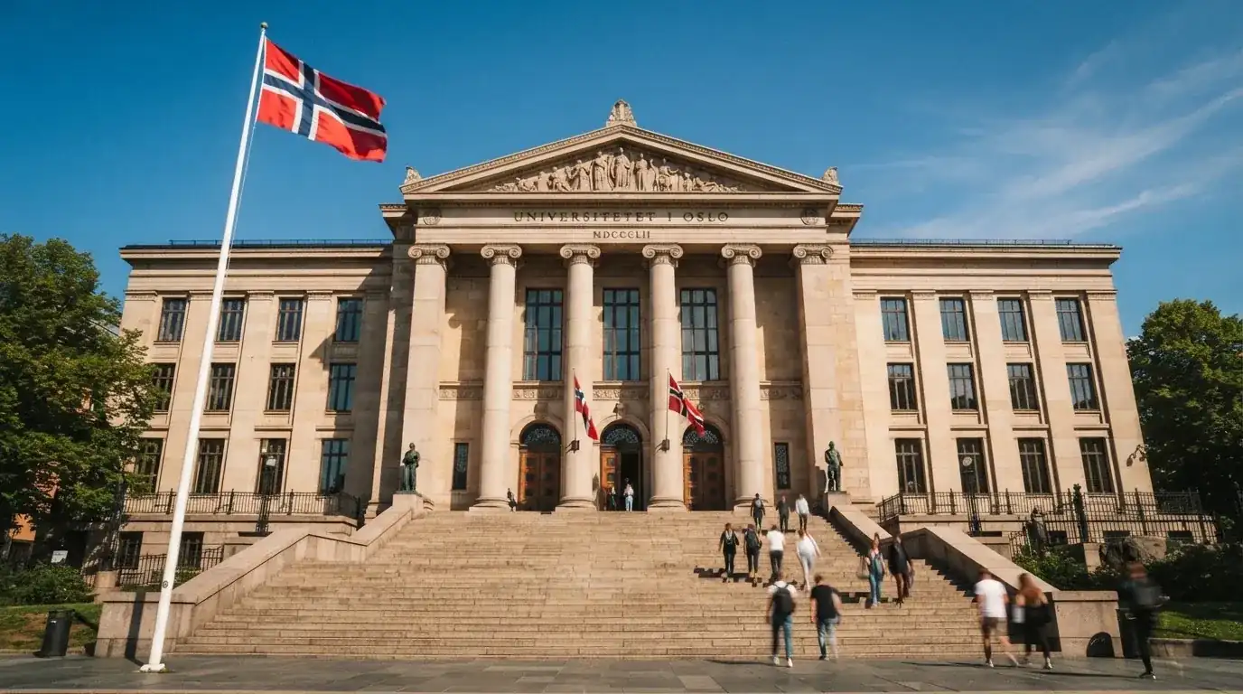 Fasade av en stor offentlig bygning i Oslo med brede trapper og et norsk flagg i vinden under klar himmel