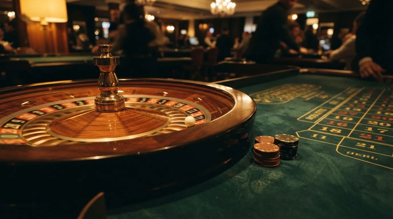 Rulettehjul og sjetonger på grønn filt i varmt kveldslys — beste casino spilleautomater