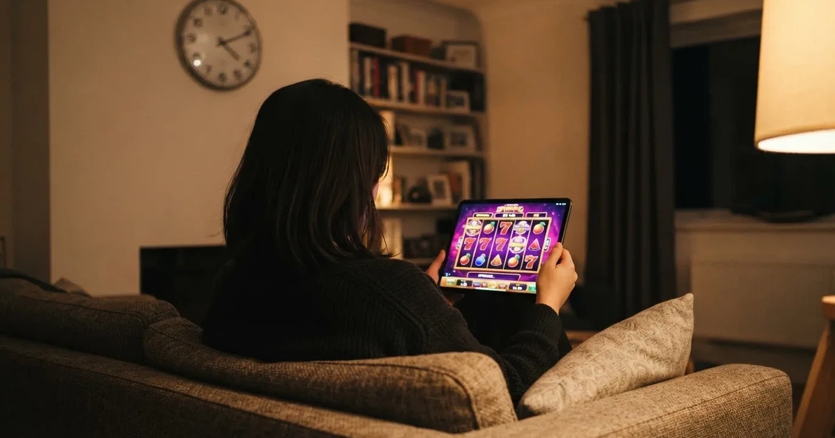 Person i en sofa ser ettertenksomt på et nettbrett, en klokke på veggen bak — beste casinobonuser i norge