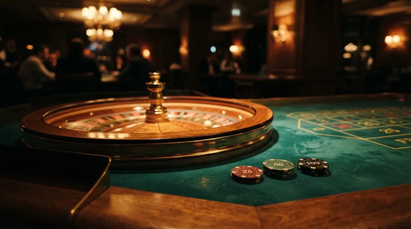 Rulettehjul og sjetonger på grønn filt i varmt kveldslys — beste casinobonuser i norge