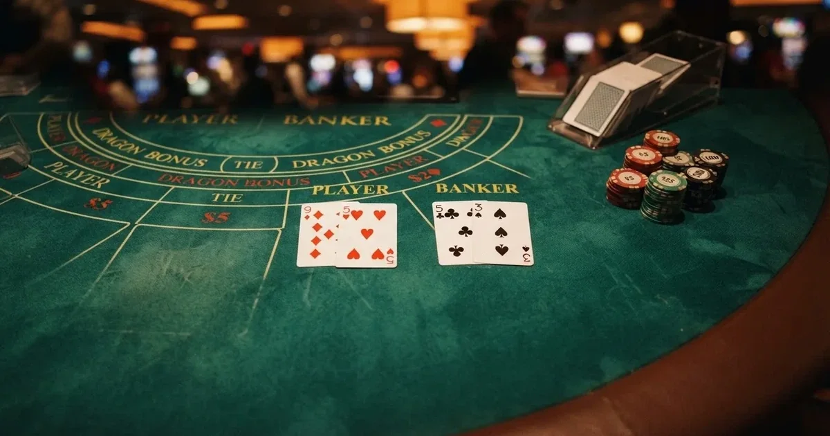 Opplyst spillebord med kort, sett ovenfra — beste casinoer med baccarat