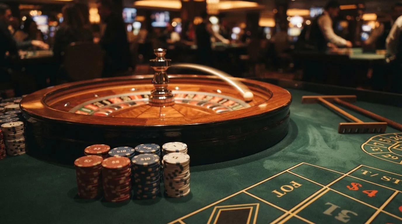 Rulettehjul og sjetonger på grønn filt i varmt kveldslys — beste casinoer med baccarat