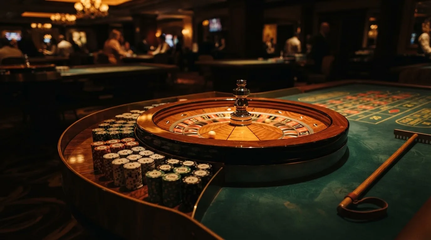 Rulettehjul og sjetonger på grønn filt i varmt kveldslys — beste utenlandske casinoer