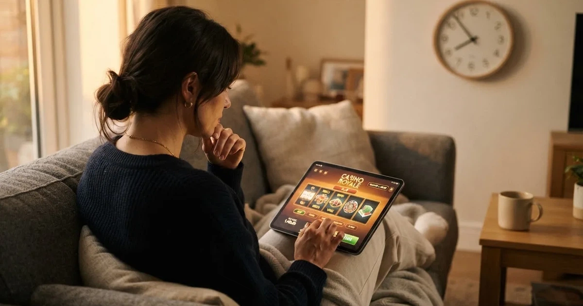 Person i en sofa ser ettertenksomt på et nettbrett, en klokke på veggen bak — bonuser på nettcasino