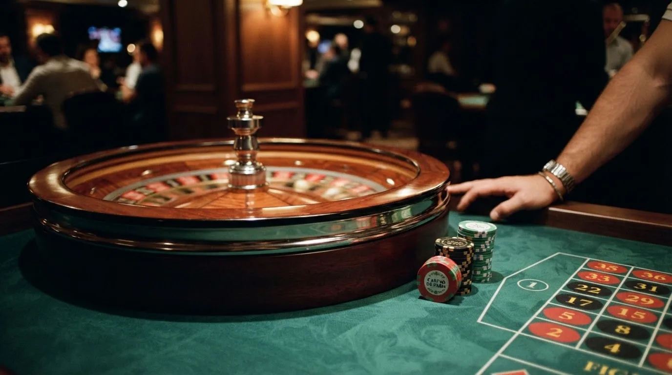 Rulettehjul og sjetonger på grønn filt i varmt kveldslys — bonuser på nettcasino