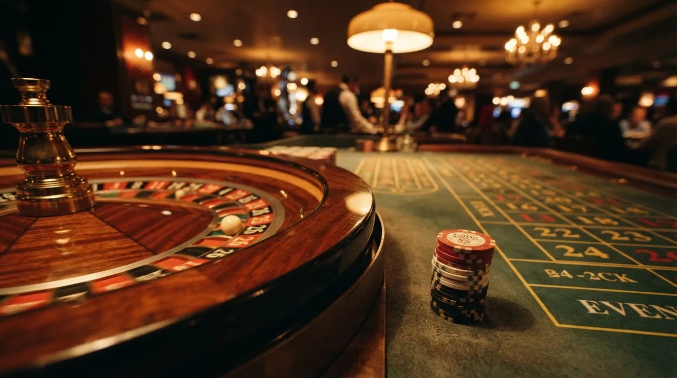Rulettehjul og sjetonger på grønn filt i varmt kveldslys — casino slots in norway