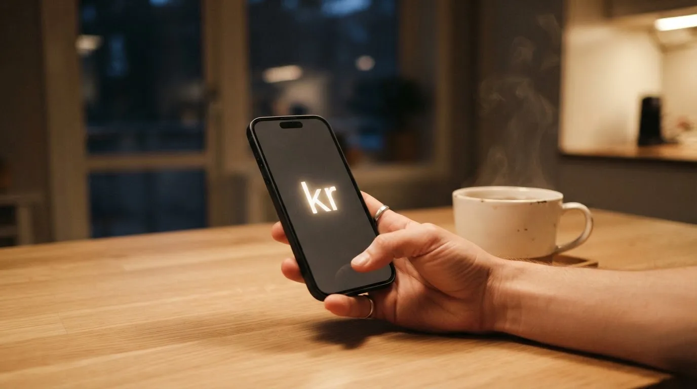 Hånd holder en mobiltelefon ved siden av en kopp te ved et kjøkkenbord en rolig kveld — casino uten lisens i norge