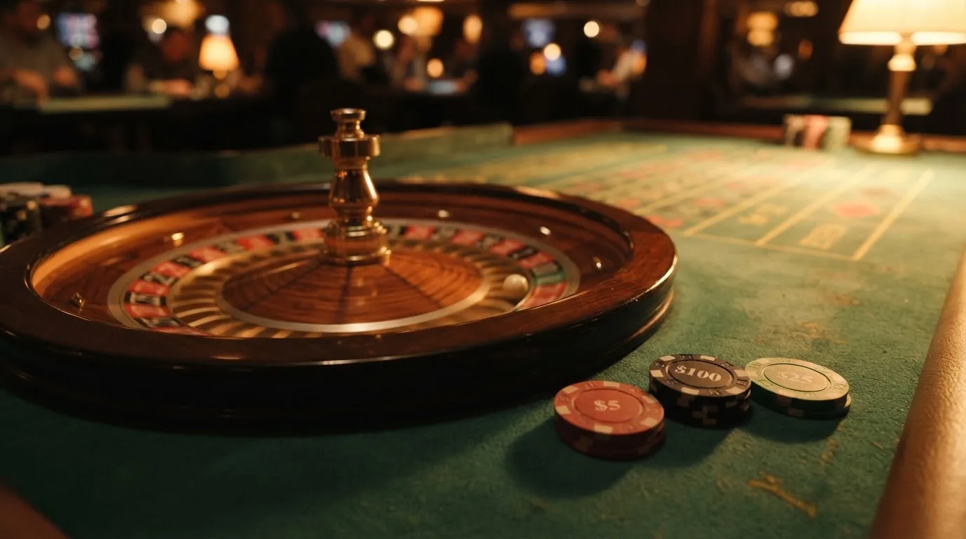Rulettehjul og sjetonger på grønn filt i varmt kveldslys — casino uten lisens i norge