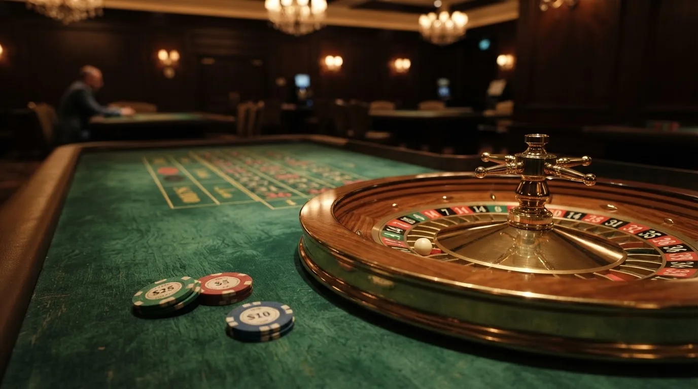 Rulettehjul og sjetonger på grønn filt i varmt kveldslys — casinoer med bitcoin i norge