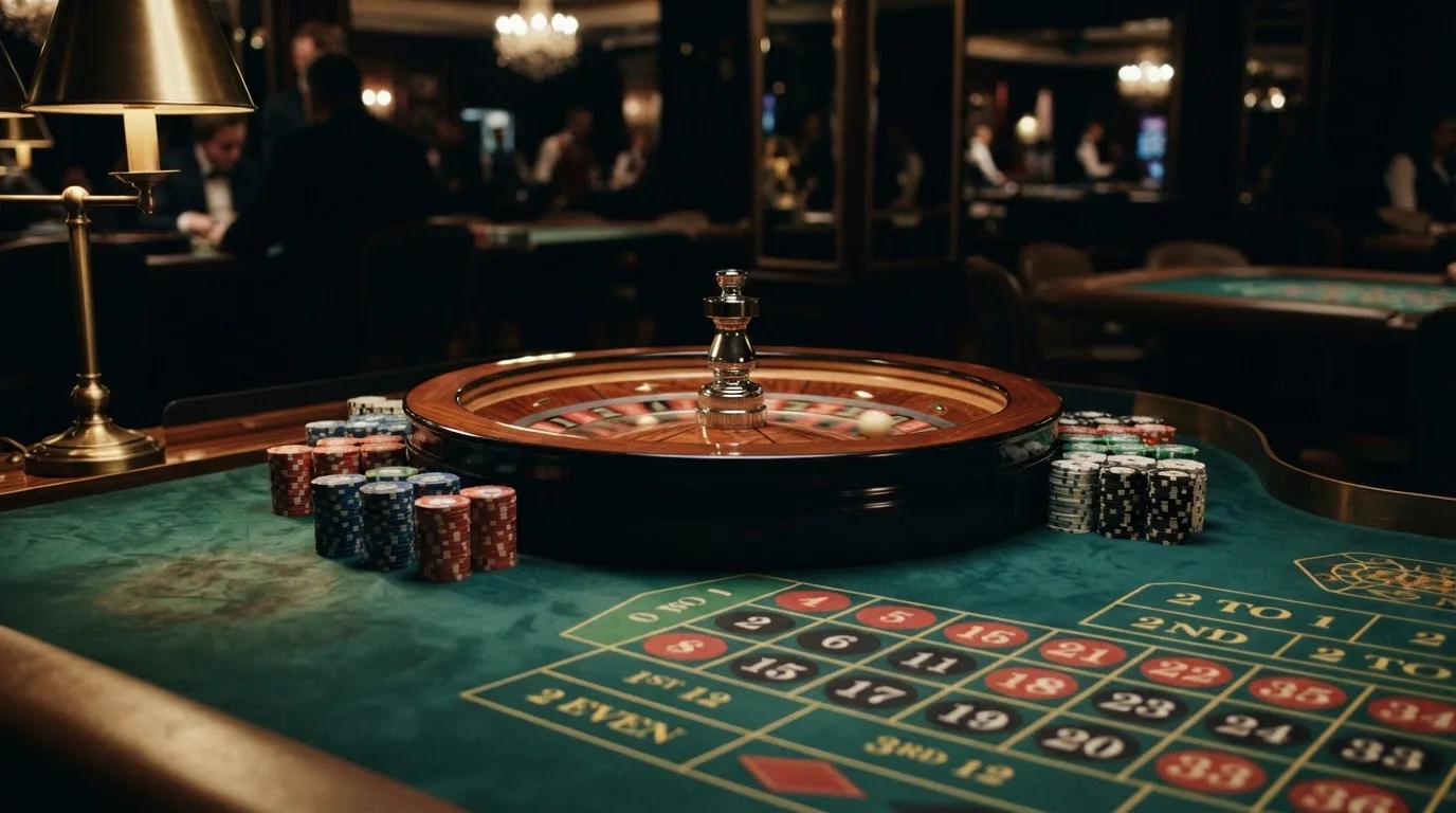 Rulettehjul og sjetonger på grønn filt i varmt kveldslys — casinoer med dogecoin i norge