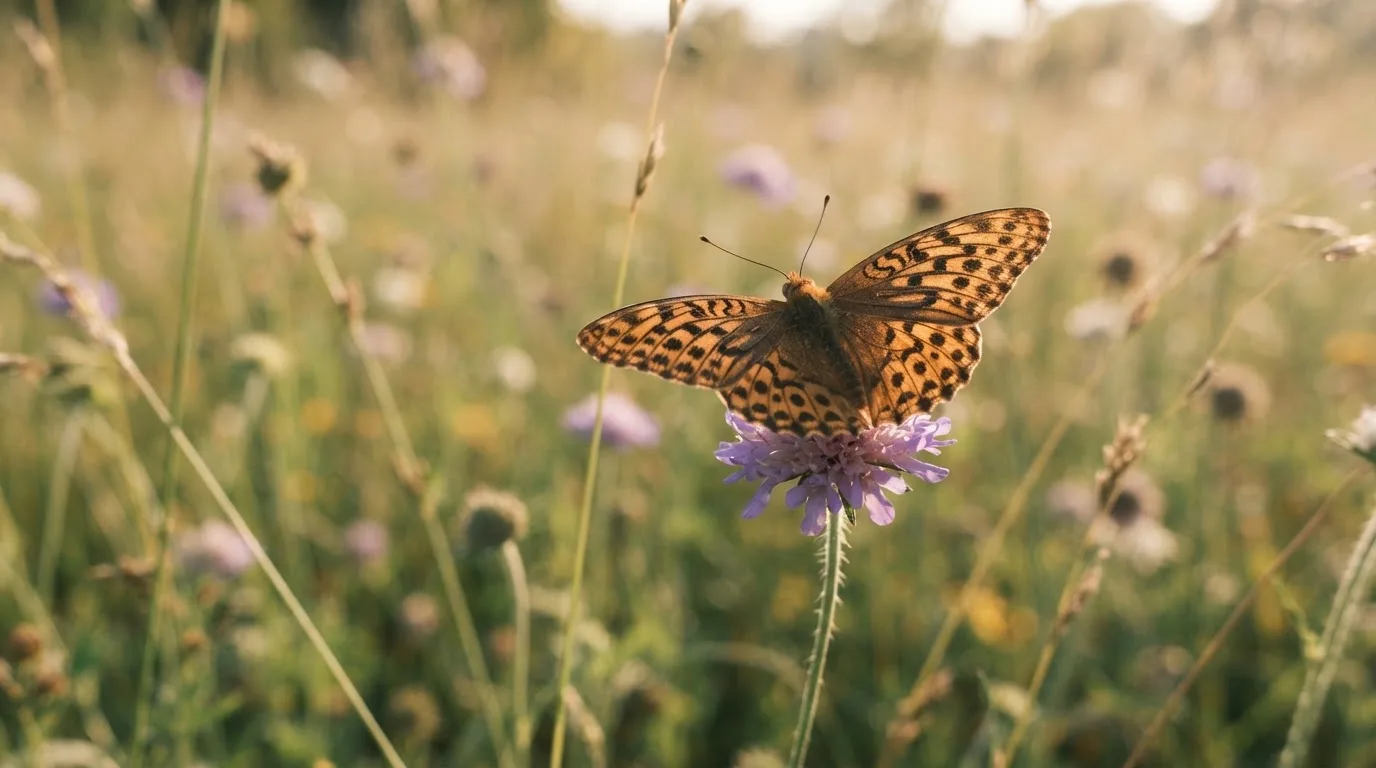 Stor sommerfugl som hviler på en blomst i en eng, myk bakgrunn og rolig sommerlys