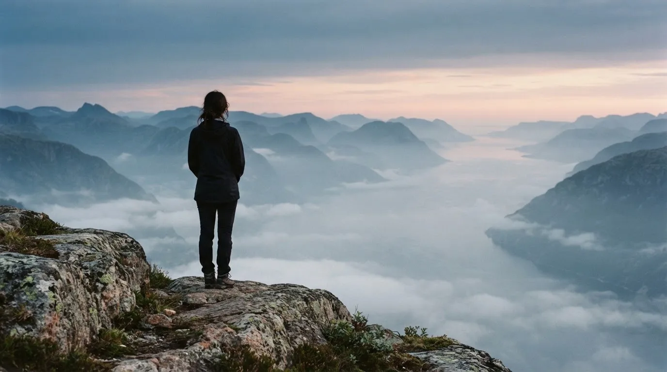 Kvinne som ser rolig utover en tåkete fjord fra en fjellhylle tidlig om morgenen