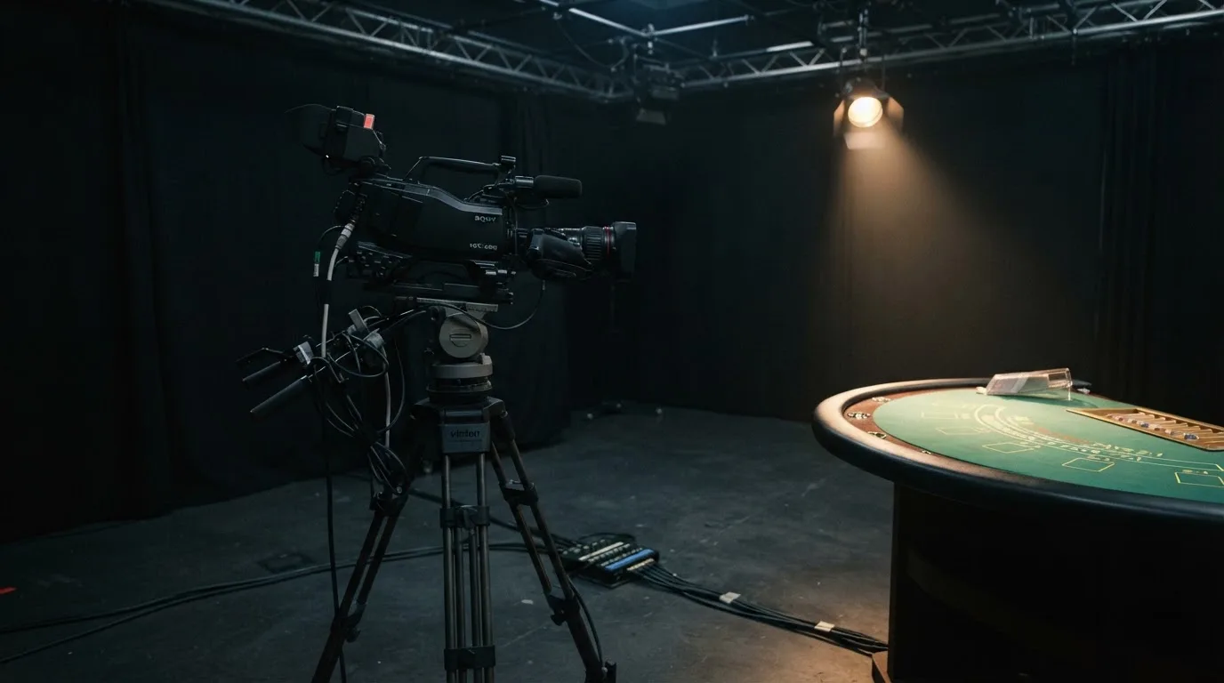 Kamera på stativ i et mørkt studio med mykt spotlys, ingen mennesker i bildet