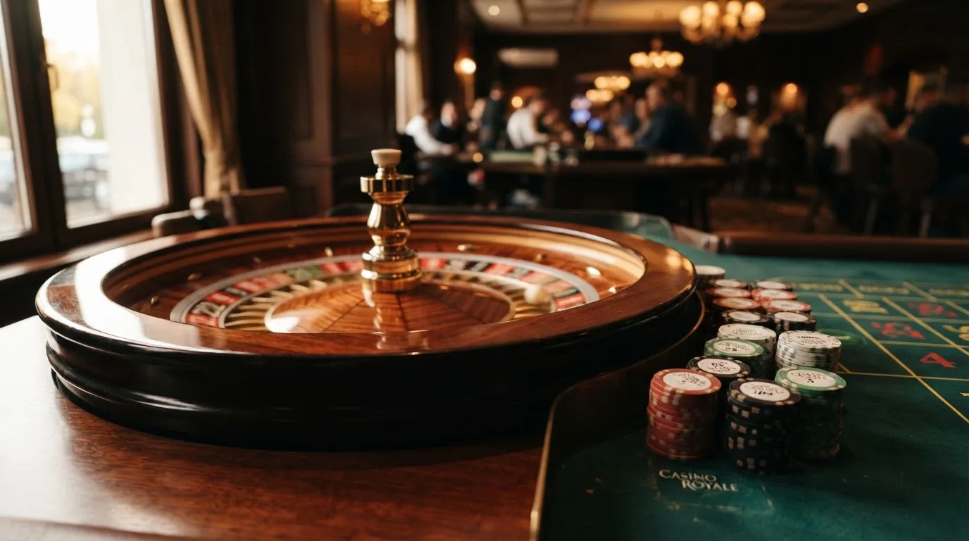 Rulettehjul og sjetonger på grønn filt i varmt kveldslys — live roulette in norway