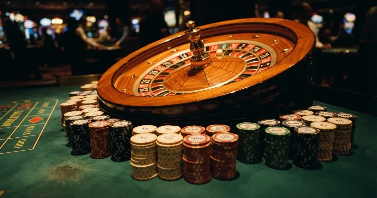 Rulettehjul og sjetonger på grønn filt i varmt kveldslys — norske casino gevinster