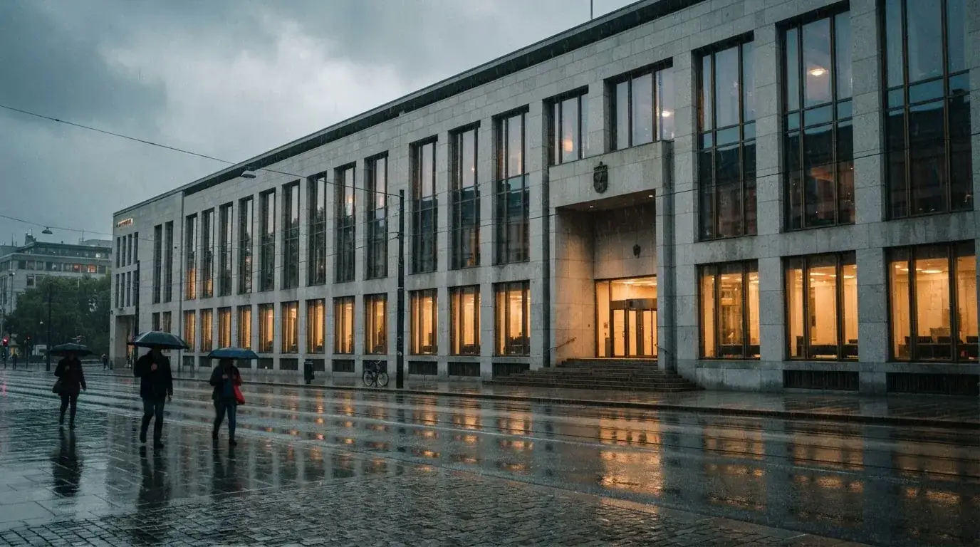 Bankfilial med store vinduer i en norsk by i regnvær, noen med paraplyer utenfor