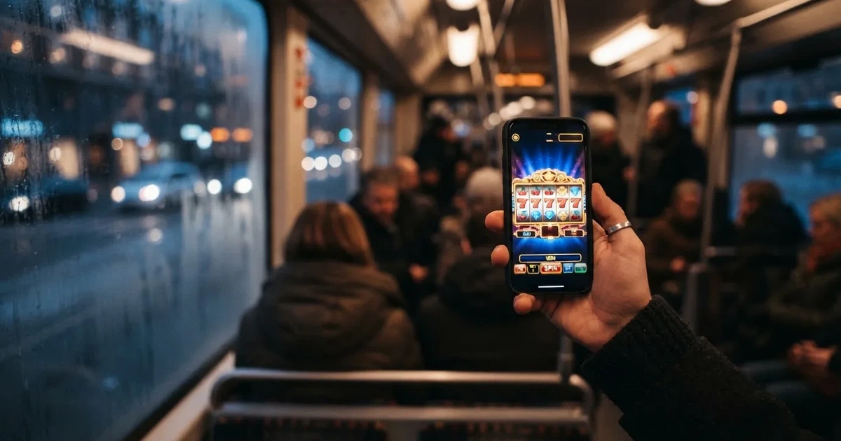 Mobiltelefon i hånden på trikken i Oslo en vinterkveld — norske casinoer på android