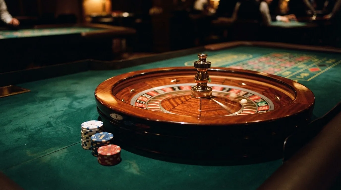Rulettehjul og sjetonger på grønn filt i varmt kveldslys — norske casinoer på android