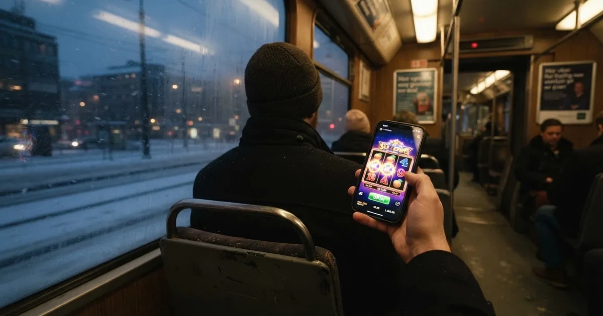 Mobiltelefon i hånden på trikken i Oslo en vinterkveld — norske casinoer på ios