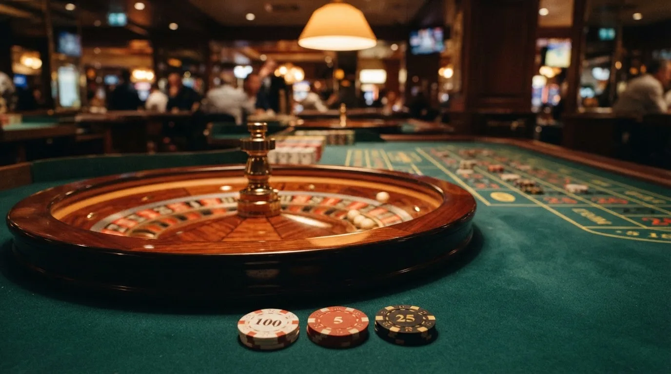 Rulettehjul og sjetonger på grønn filt i varmt kveldslys — norske casinoer på ios